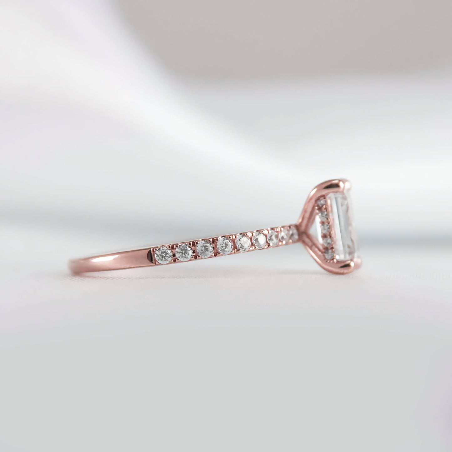 Emerald Cut Hidden Halo Ring with Pave Band