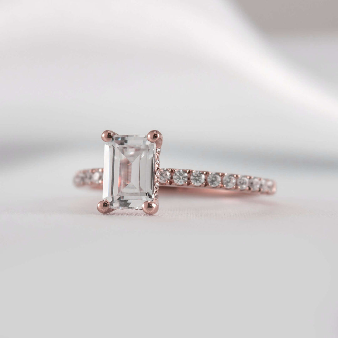 Emerald Cut Hidden Halo Ring with Pave Band
