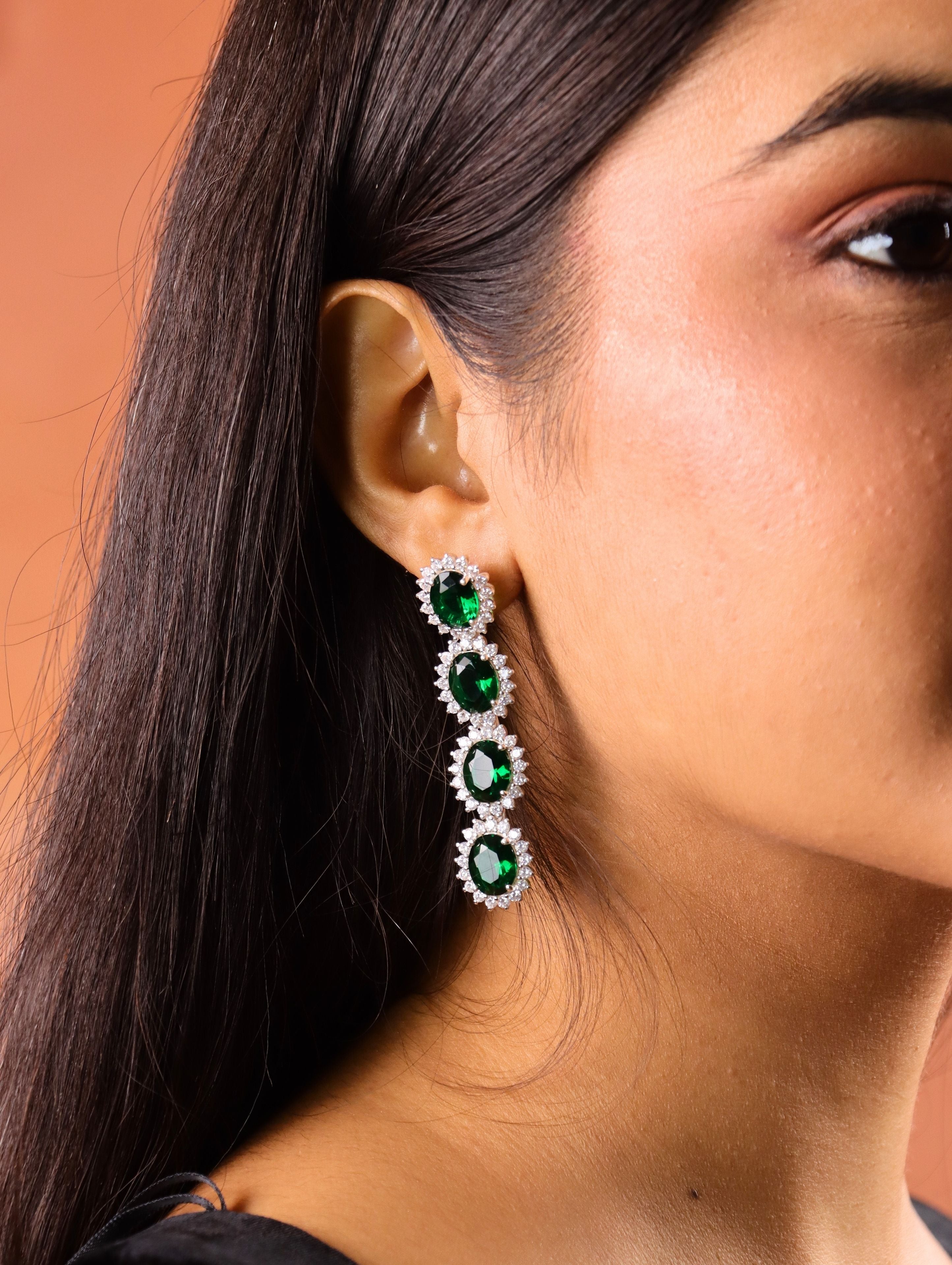 Long Emerald Halo Earrings