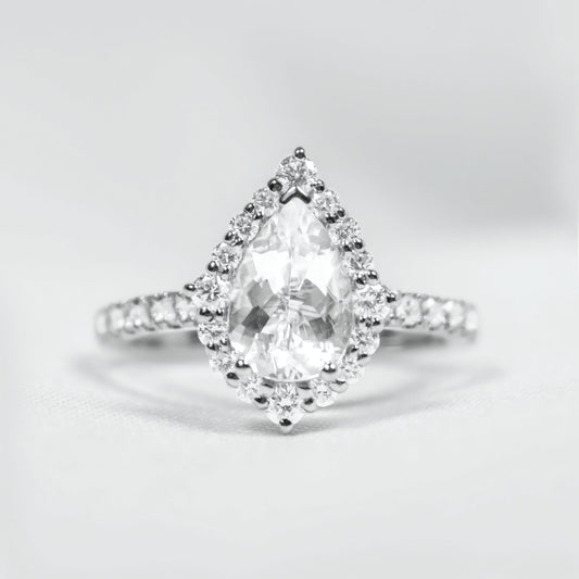 Pear Shape Halo Ring with Pave Band
