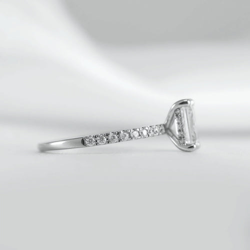 Emerald Cut Hidden Halo Ring with Pave Band