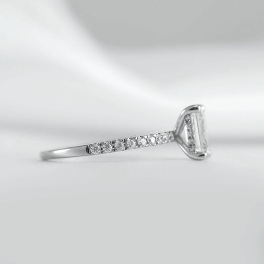 Emerald Cut Hidden Halo Ring with Pave Band