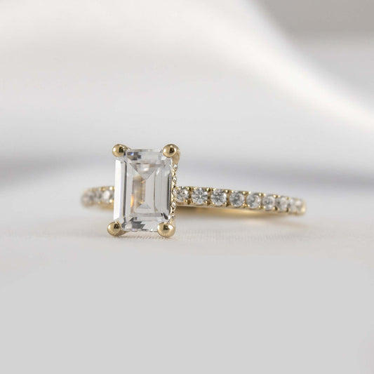 Emerald Cut Hidden Halo Ring with Pave Band