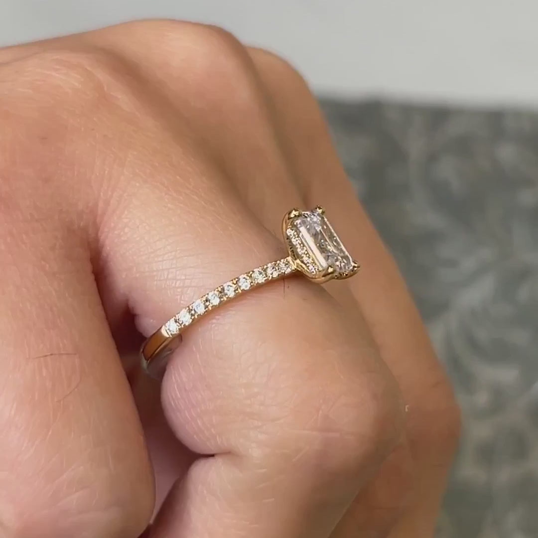 Emerald Cut Hidden Halo Ring with Pave Band